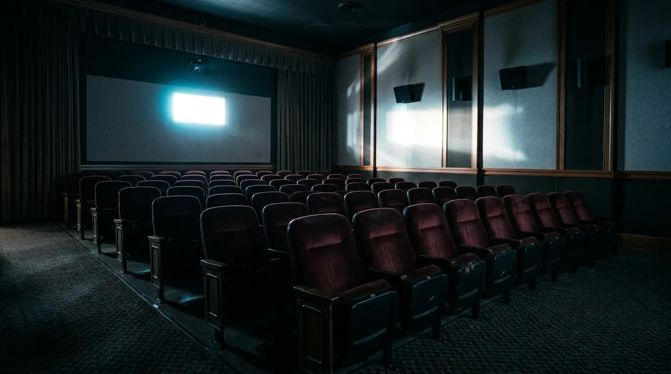 empty cinema or screening room with projected light on white wall, intimate theater setting with rows of seating, dramatic lighting creating atmosphere